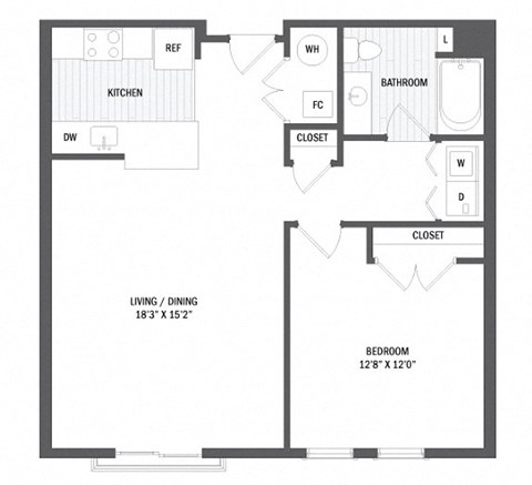 Floor plan for 1 bed, 1 bath, 632 sqft